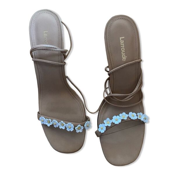 Larroude Goldie Sandals high heels shoes Tan Leather lace up flowers Sz 8.5 - Picture 12 of 15